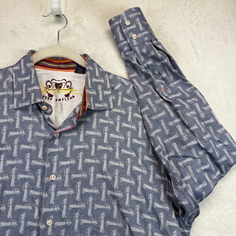 Robert Graham Button Up Shirt Men's L Blue Car Print Novelty Flip Cuff Stretch - Picture 2 of 10